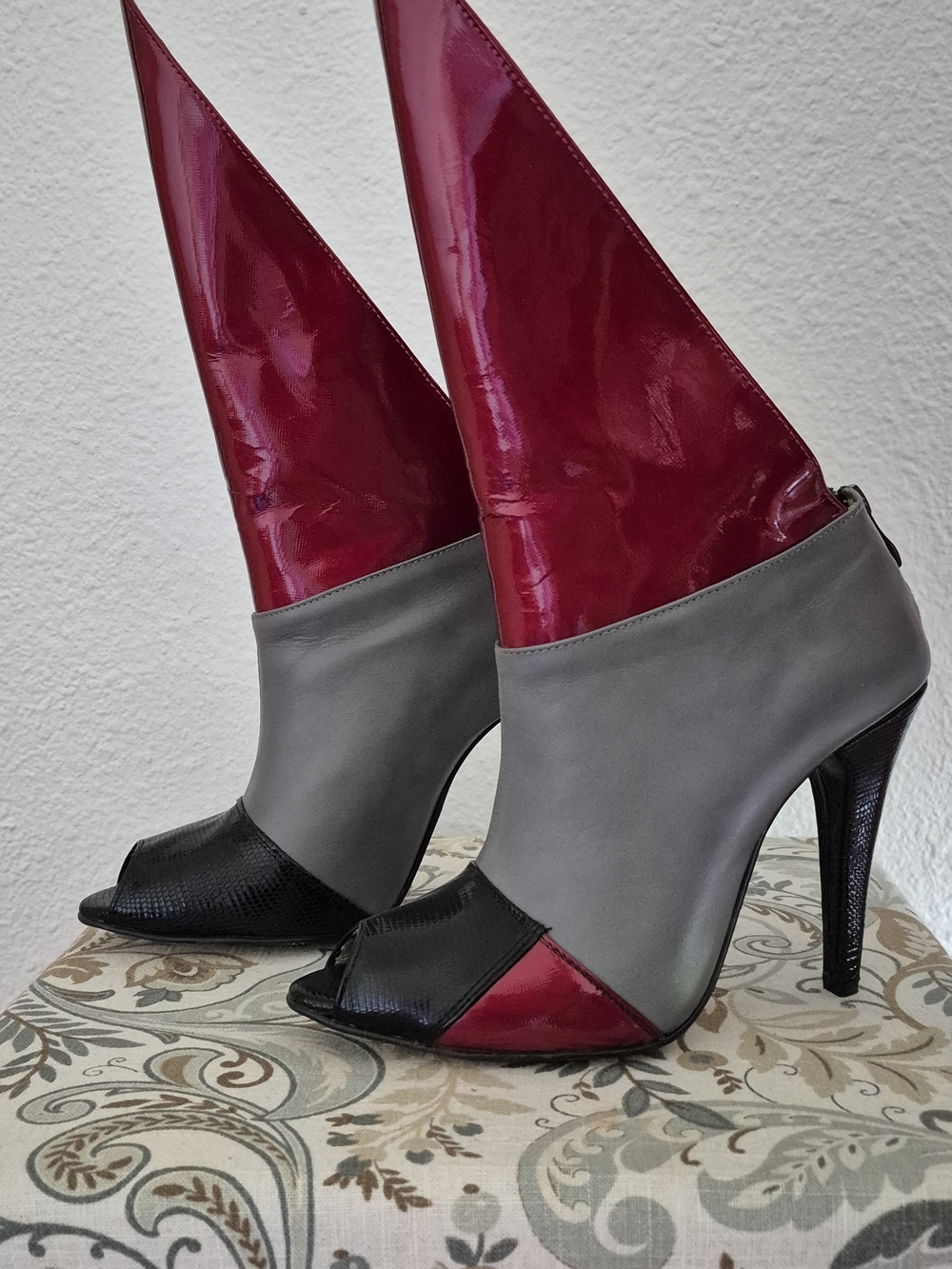 Women's Two-Tone Peep-Toe High Heel Ankle Boots in Gray and Burgundy